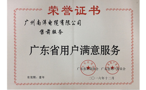 廣州南洋電纜有限公司獲廣東省年度“用戶(hù)滿(mǎn)意服務(wù)”證書(shū)